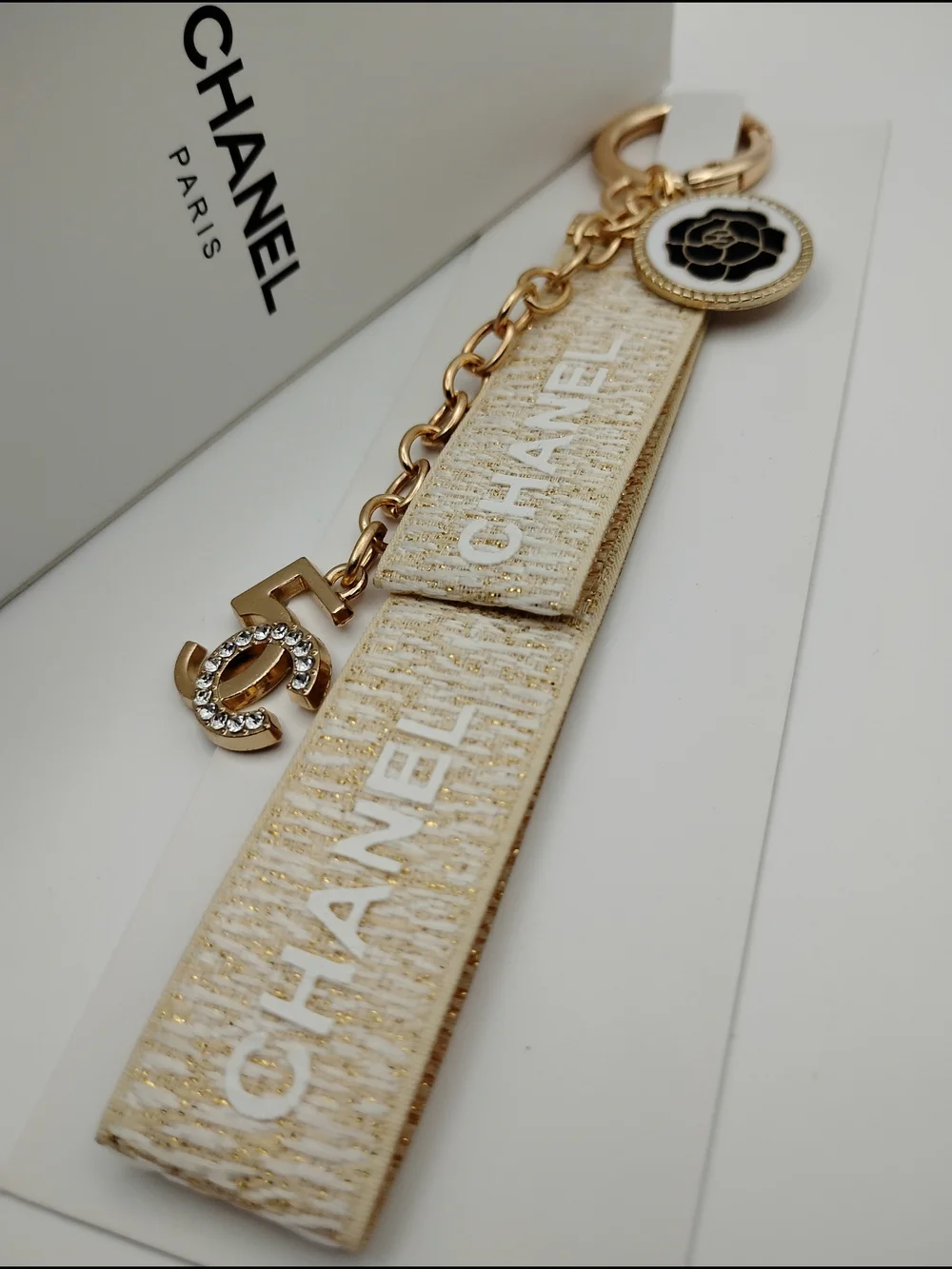 CHANEL Gold and Ivory Logo Charm Strap Keyring AUTHENTIC -BNIB